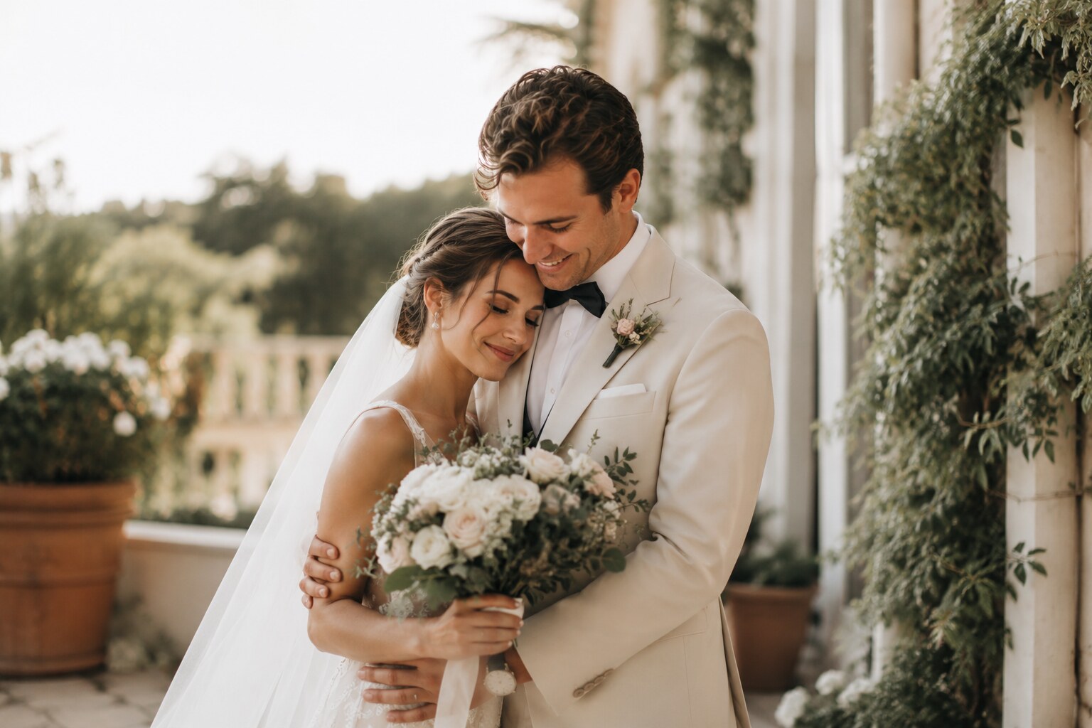 Brautpaar genießt einen ruhigen, innigen Moment am Hochzeitstag