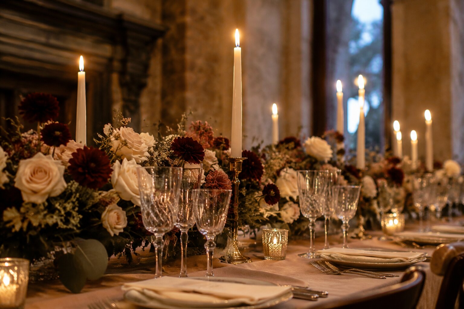 Kerzenlicht und Blumen auf einer festlichen Hochzeitstafel