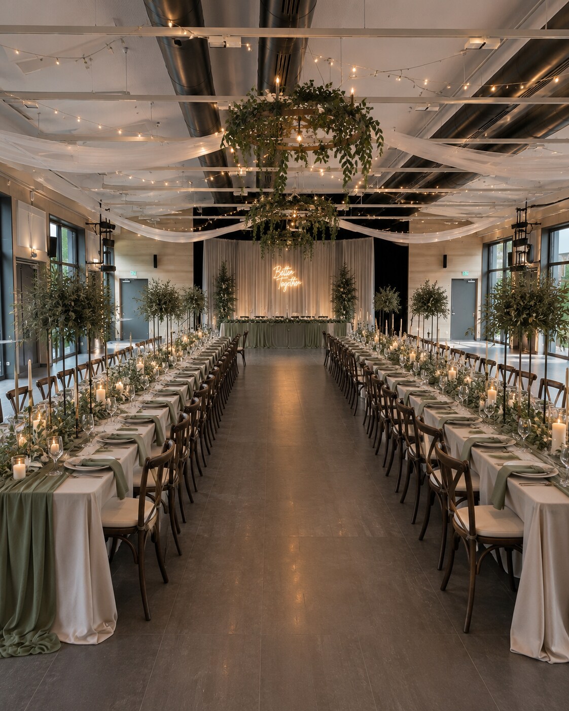 Kultursaal Neuhaus mit olivgrünem Hochzeitskonzept und langen Tafeln