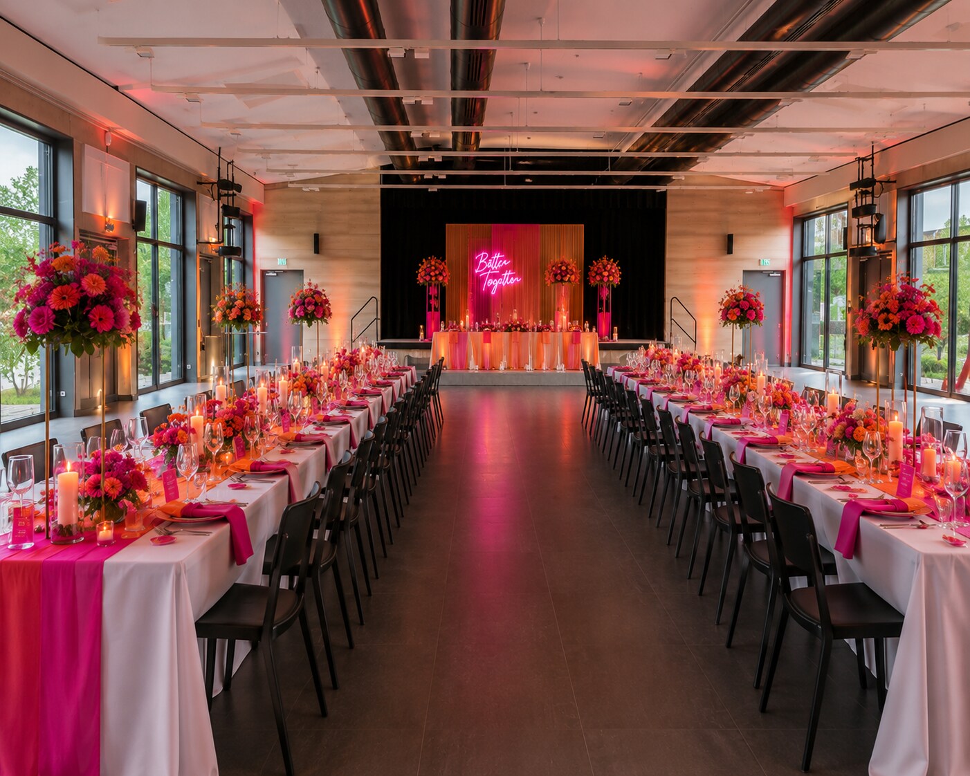 Kultursaal Neuhaus mit modernem Hochzeitskonzept in Pink und Orange